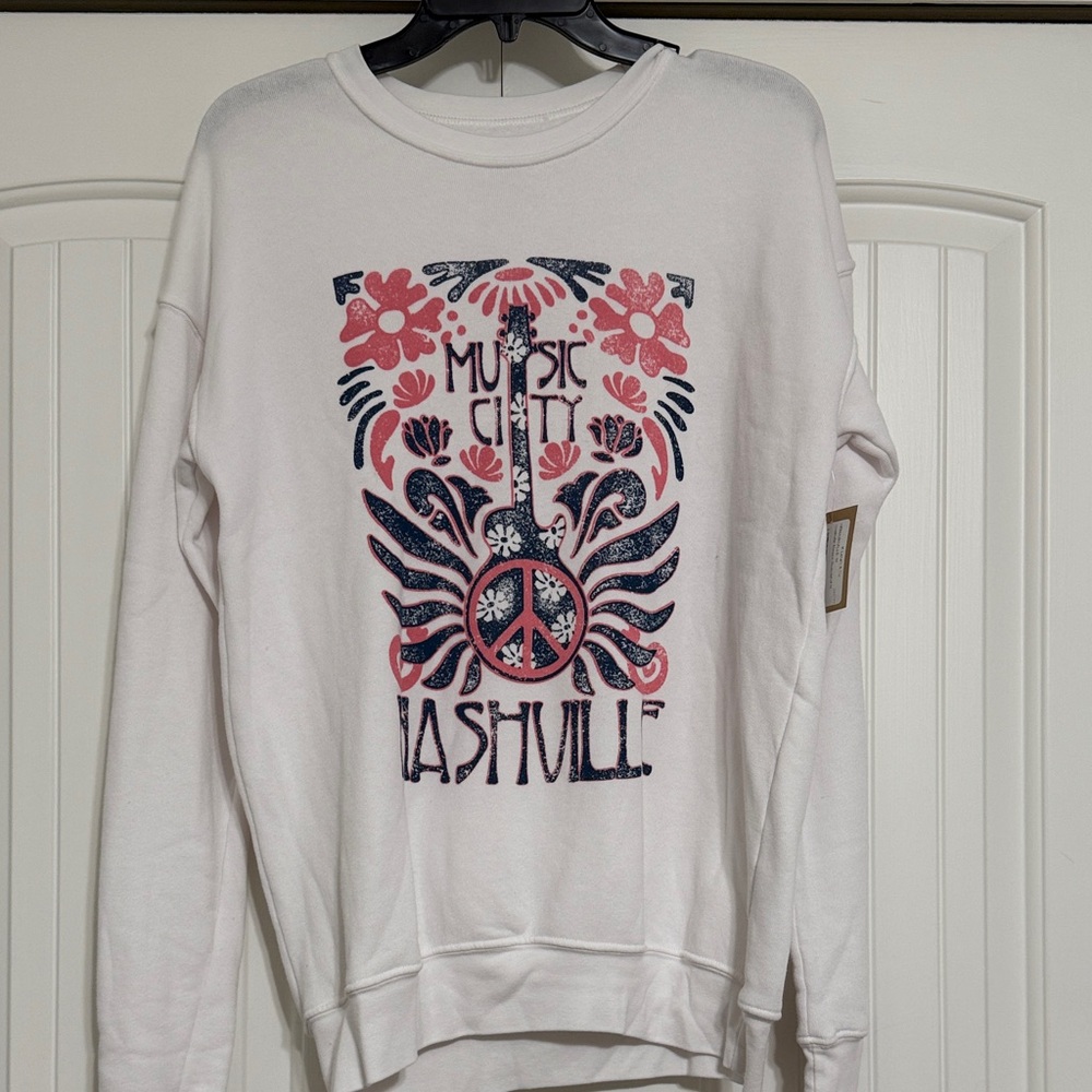 White Graphic Nashville Sweatshirt with Pink and Blue Design